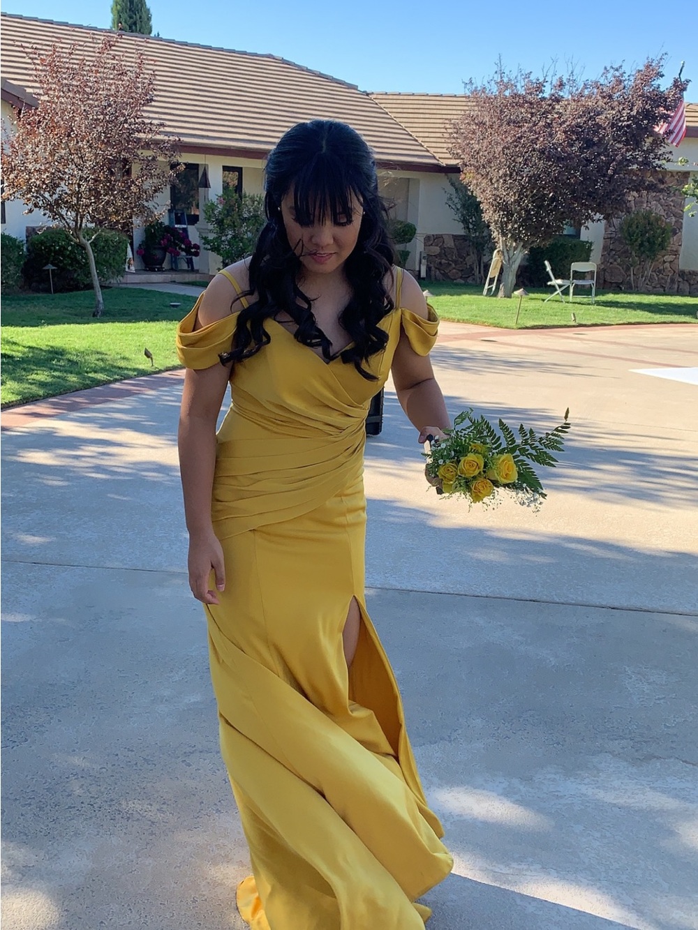 One-Shoulder Mustard Yellow Evening Gown Size 8 Bridal